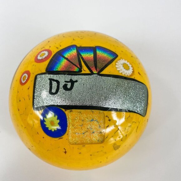 Handcrafted Yellow Glass Paperweight By Mad Art Studios With DJ Design & Colorfu
